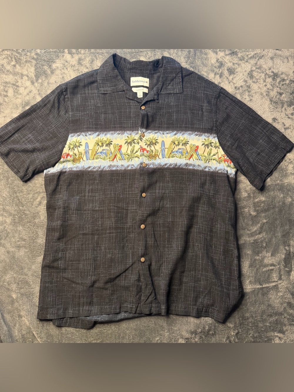 Saddlebred Black Hawaiian-Style Camp Shirt with Yellow Surf Panel